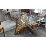DINING TABLE, gilt metal helix design base, glass top, 180cm x 90cm x 79cm.