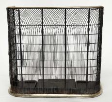 NURSERY FENDER, Victorian wrought iron and mesh panelled with brass top and bottom rails and