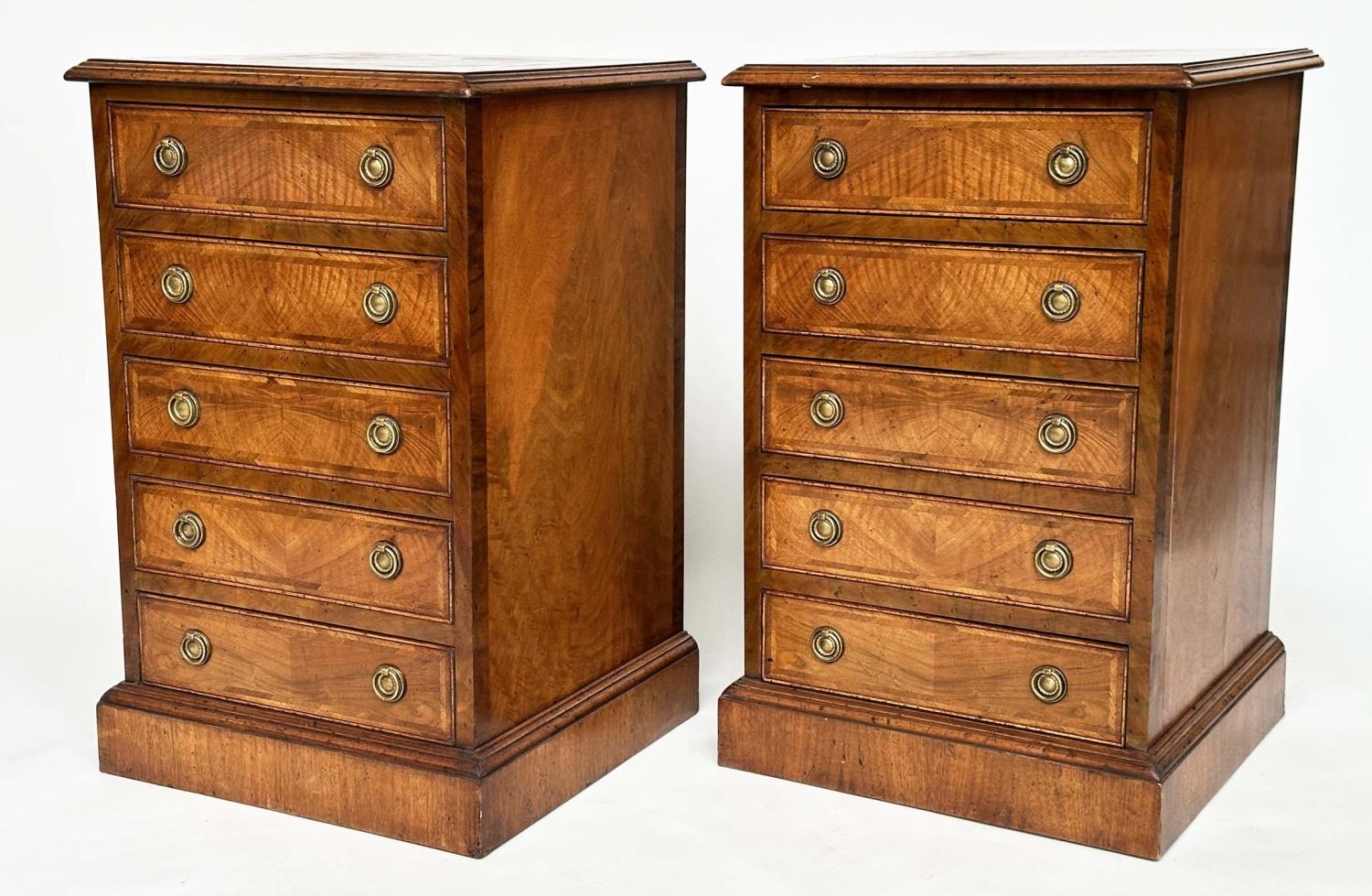 BEDSIDE CHESTS, a pair, George III design figured walnut and crossbanded, each with four drawers, - Image 2 of 10