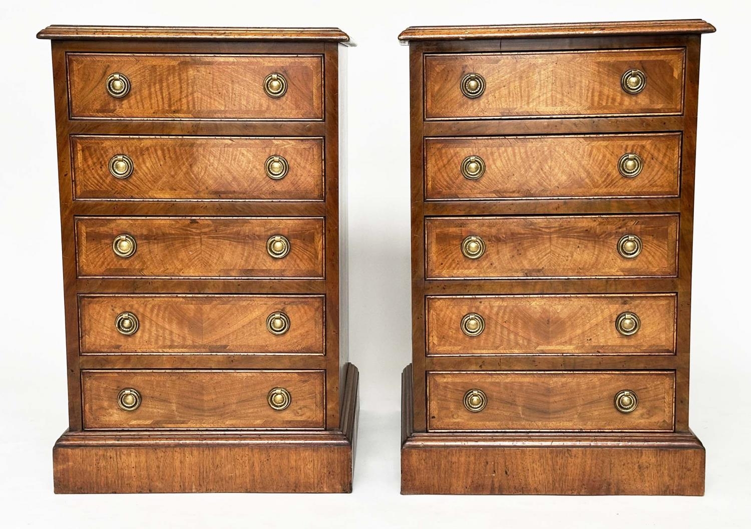 BEDSIDE CHESTS, a pair, George III design figured walnut and crossbanded, each with four drawers, - Image 10 of 10