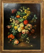 MANNER OF PAUL THEODOR VAN BRUSSEL, 'Still life with flowers', oil on canvas, 99cm x 68cm, framed.