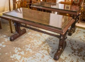 CENTRE TABLES, 71cm H x 145cm W x 68cm D, a pair, Victorian mahogany with modern loose painted tops.