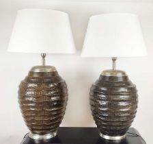 TABLE LAMPS, a pair, contemporary oversized design, with shades, 100cm H.