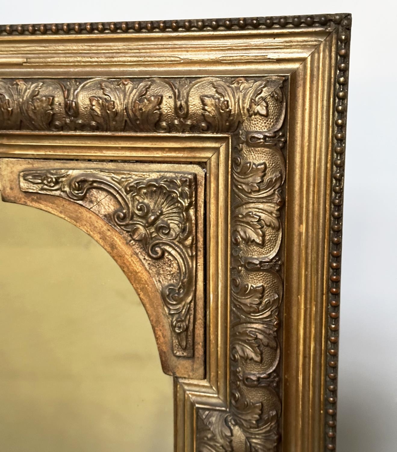OVERMANTEL MIRROR, late 19th century giltwood and composition rectangular with arched and beaded - Image 3 of 6