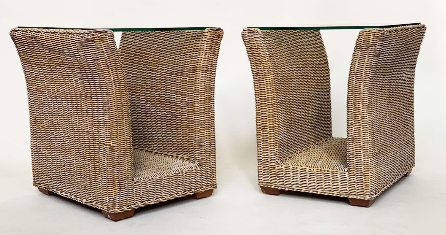 LAMP/OCCASIONAL TABLES, a pair, 1970s woven cane and rattan frame of 'U' form with beveled - Image 3 of 11