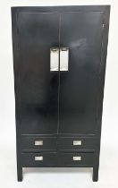 WARDROBE, Chinese black lacquered and gilt metal, mounted with two doors enclosing hanging, 200cm