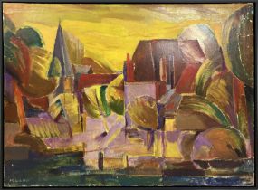 ALBERT DE CLERK (1912-1989), 'Paysage avec village', oil on canvas, 80cm x 120cm, framed.