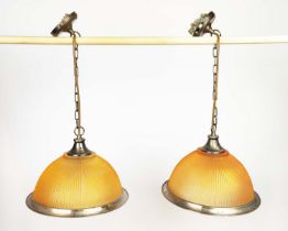 A PAIR OF HOLOPHANE OPAQUE GLASS LIGHT SHADES, each measuring 22cm H shade and gallery, 37cm H