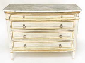 COMMODE, French Louis XVI style grey painted and parcel gilt with four long drawers and slide with