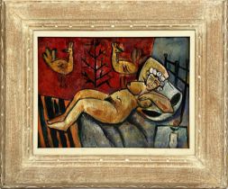 MIKHAIL LARIONOV (Russian 1881-1964), 'Resting venus', oil on board, 1911-1912, 24cm x 33cm, framed.