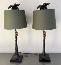 TABLE LAMPS, a pair, 84cm H x 36cm diam., with shades, palm tree form bases with climbing monkey