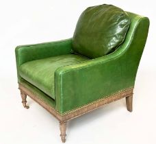 THEODORE ALEXANDER ARMCHAIR, fine green studded hide leather upholstered with turned front supports,