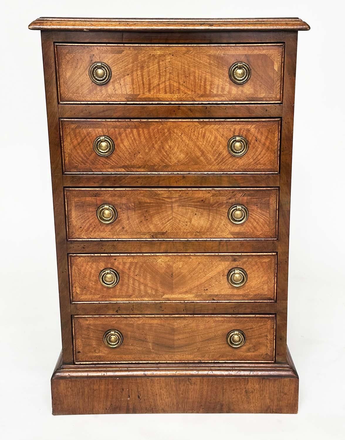 BEDSIDE CHESTS, a pair, George III design figured walnut and crossbanded, each with four drawers, - Image 7 of 10