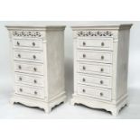 CHESTS, a pair, French traditionally grey painted each with pierced frieze and five long drawers,