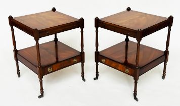 LAMP TABLES, a pair, George III design, flame mahogany, each with brushing slide, undertier and a