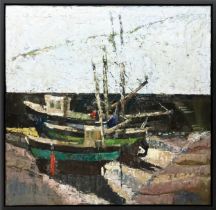 JESS BRIGHT, 'Fishing boats at harbour - Interwine 1', oil on canvas, 91cm x 91cm, signed, framed.