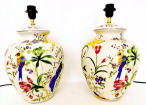 TABLE LAMPS, a pair, 46cm H x 27cm diam., glazed ceramic with decoration depicting exotic birds