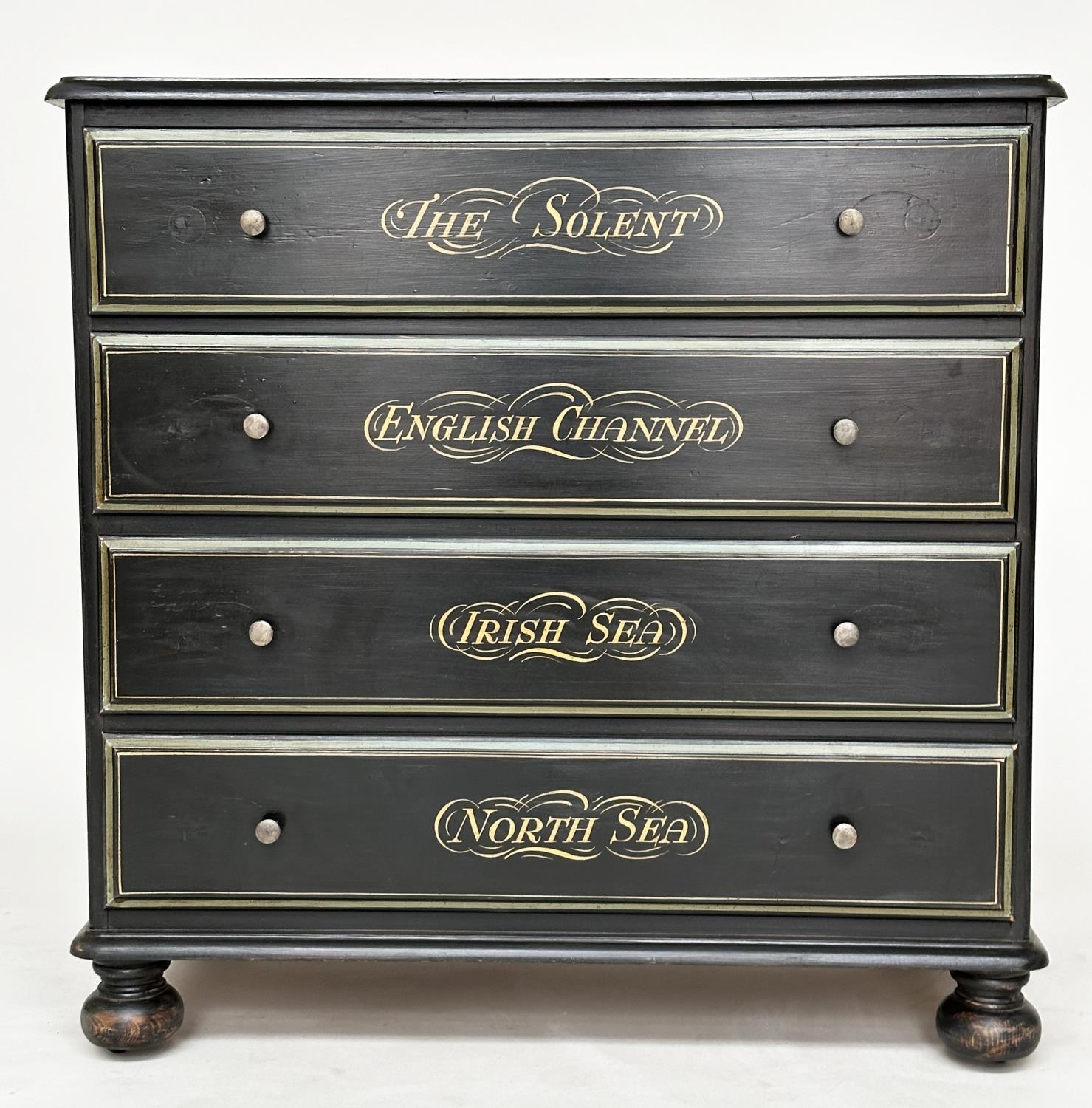 'NAVAL' CHEST, 19th century style black and lined with hand painted triple-mast sailing ship scene - Image 15 of 15