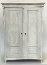 ARMOIRE, 19th century French grey painted with two panelled doors enclosing full height hanging,