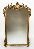 WALL MIRROR, 19th French twin arched and crested giltwood and gesso with moulded foliate frame,