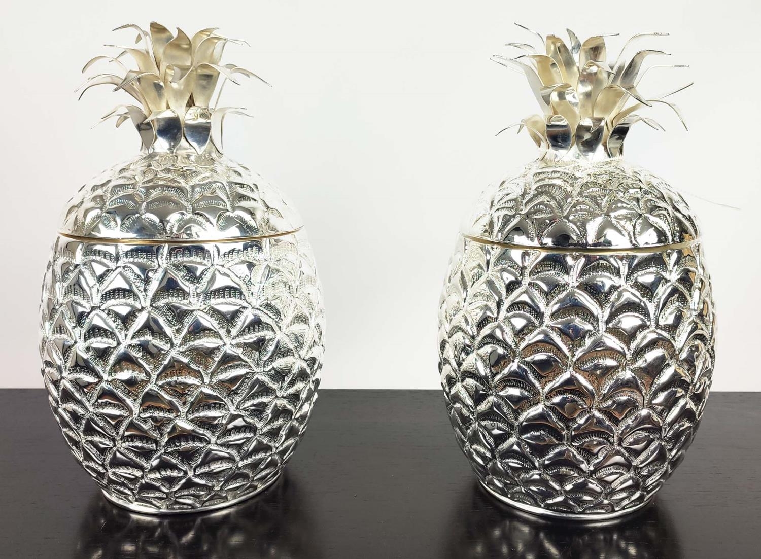 ICE BUCKETS, a pair, in the form of pineapples, polished metal, 33cm H each approx. (2) - Image 2 of 5