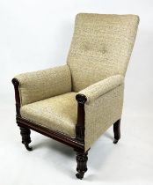 LIBRARY ARMCHAIR, 111cm H x 72cm, William IV mahogany in patterned fabric on brass castors.