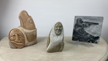 INUIT SOAPSTONE AND MARBLE CARVINGS, three, from Canada signed along with three pieces of Roman