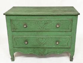 COMMODE, 19th century Provincial French Louis XV manner green painted with two long drawers and
