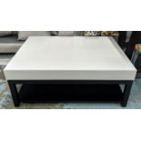 LOW TABLE, 43cm high, 111cm long, 86cm wide, contemporary neutral fabric upholstered top, ebonised