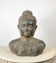 BUDDHA BUST, plaster in basalt rock finish, 50cm x 45cm.