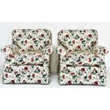 ARMCHAIRS, a pair, Howard style with Colefax and Fowler secured trailing rose fabric upholstery