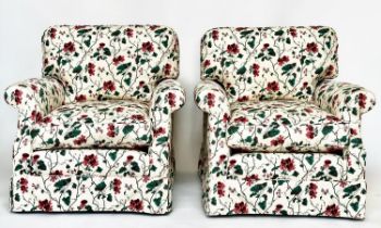 ARMCHAIRS, a pair, Howard style with Colefax and Fowler secured trailing rose fabric upholstery