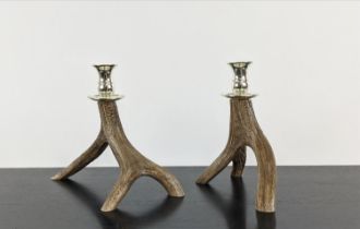 PAOLO MOSCHINO SMALL DEER ANTLER CANDLE STICKS, 22.5cm H approx each. (2)