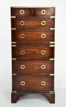 TALL CHEST, campaign style mahogany and brass bound with six drawers and slide, 111cm H x 46cm W x