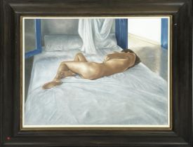 JOHN WORTHINGTON, 'Warm skin figure study', oil on canvas, 48cm x 59cm, signed, framed.