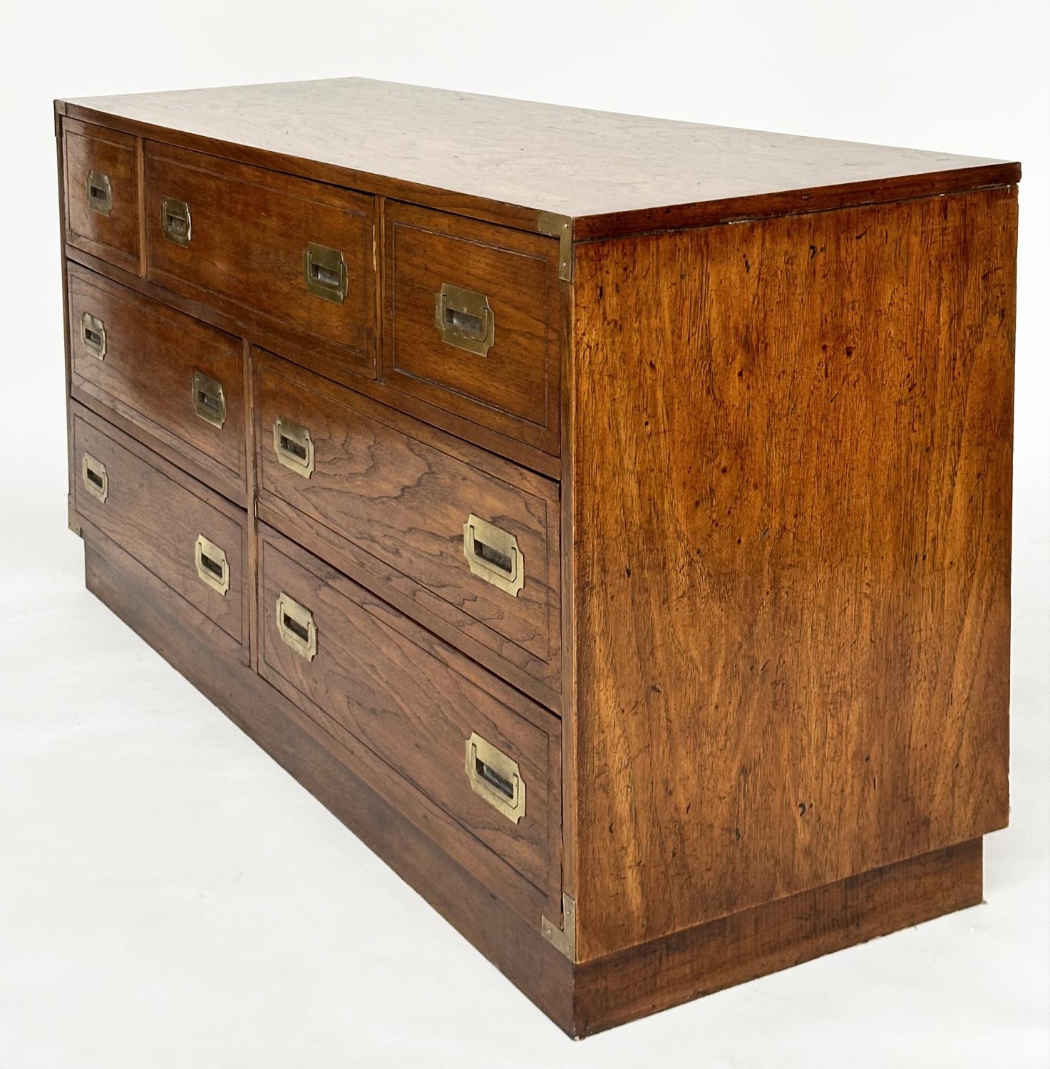 LOW CHEST, campaign style elm and brass bound with seven drawers, 143cm x 46cm x 73cm H. - Image 9 of 9