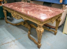 CENTRE TABLE, 87cm H x 216cm W x 105cm D, circa 1900, French giltwood with rouge marble top on shell