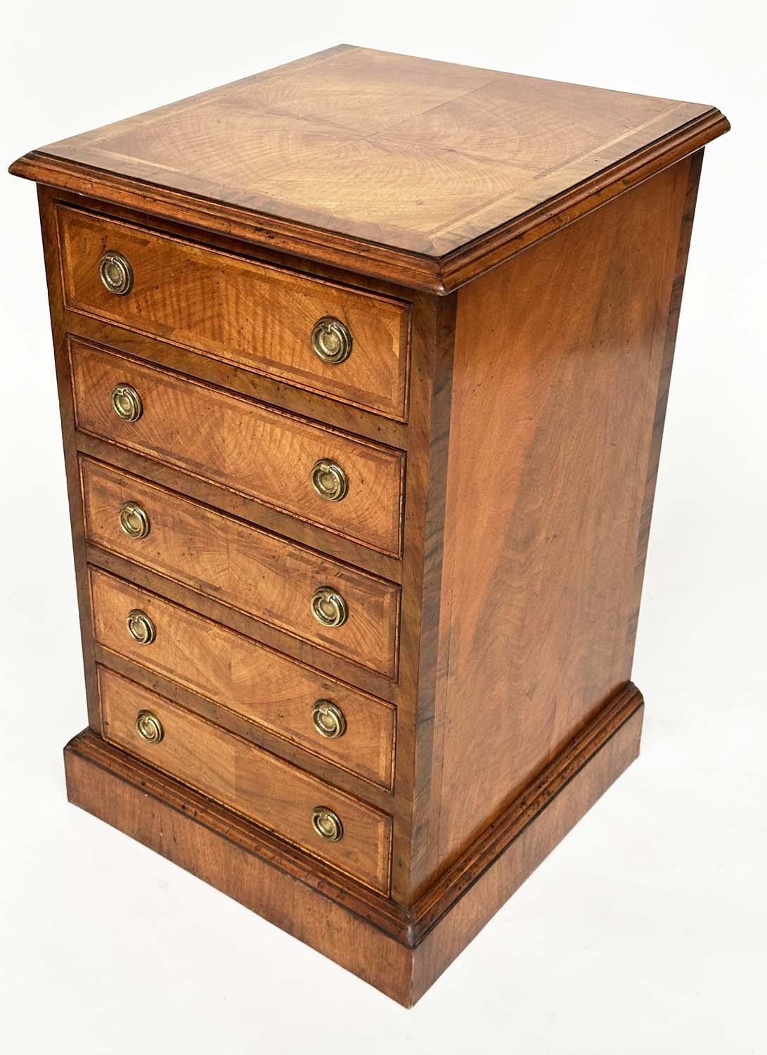 BEDSIDE CHESTS, a pair, George III design figured walnut and crossbanded, each with four drawers, - Image 3 of 10