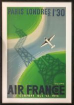 ROGER DE VALERIO (1886-1951), 'Air France, Paris-Londres' lithograph, 92cm x 58cm, framed.