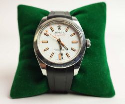 A ROLEX OYSTER PERPETUAL 'MILGAUSS' GENTS WRISTWATCH, white face, stainless-steel case, rubber