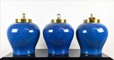 PAOLO MOSCHINO MELROSE JARS, a set of three, turquoise glazed ceramic, gilt metal covers, 40cm H. (