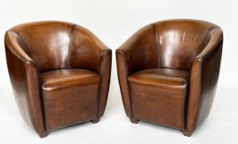 TUB ARMCHAIRS, a pair, Timothy Oulton style, mid brown natural hide leather with rounded back and