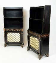 WATERFALL BOOKCASES, a pair, Regency style Egyptian Revival, ebonised and gilt decorated, 127cm H