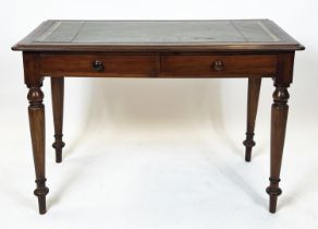 WRITING TABLE, 74cm H x 104cm x 52cm, Victorian mahogany with green leather top above two drawers.