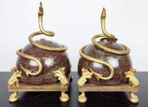 GARNITURE, a pair, marble and gilt metal, 35cm H, each approx. (2)