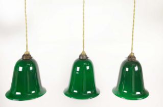 THREE GREEN BELL SHAPED PENDANT GLASS LIGHT SHADES, each measuring 28cm H shade and gallery, 63cm