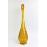 A MURANO AMBER GLASS TALL VASE, late 20th Century, of baluster form, with white feather pattern to