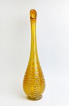 A MURANO AMBER GLASS TALL VASE, late 20th Century, of baluster form, with white feather pattern to