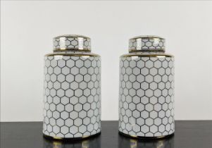 GINGER JARS, a pair, glazed ceramic with honey comb pattern design, 31cm H. (2)