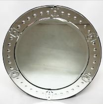 WALL MIRROR, Venetian style circular beveled with etched marginal plates, 100cm W.